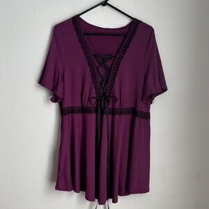 Women’s Purple Lace-Up Peasant Top Black Lace‎ Trim Whimsigoth Boho Size 4XL